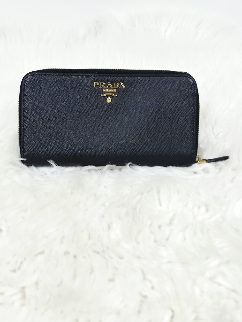 Prada Saffiano Leather Zip Around Wallet Black Gold Logo Made in Italy Authentic